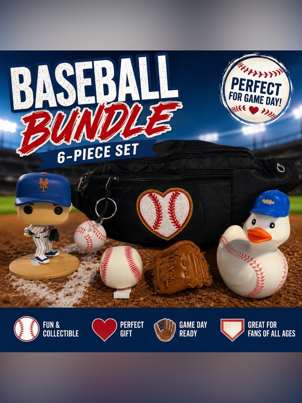 Baseball-Theme Bundle Fanny Pack w/Earbud Port,keychain, duck,figure,glove/ball
